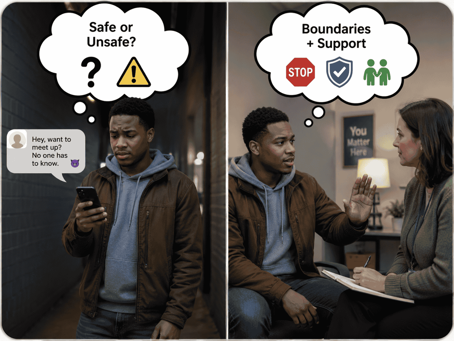 Safe or Unsafe real-world scenarios to discuss risk, boundaries, decision-making